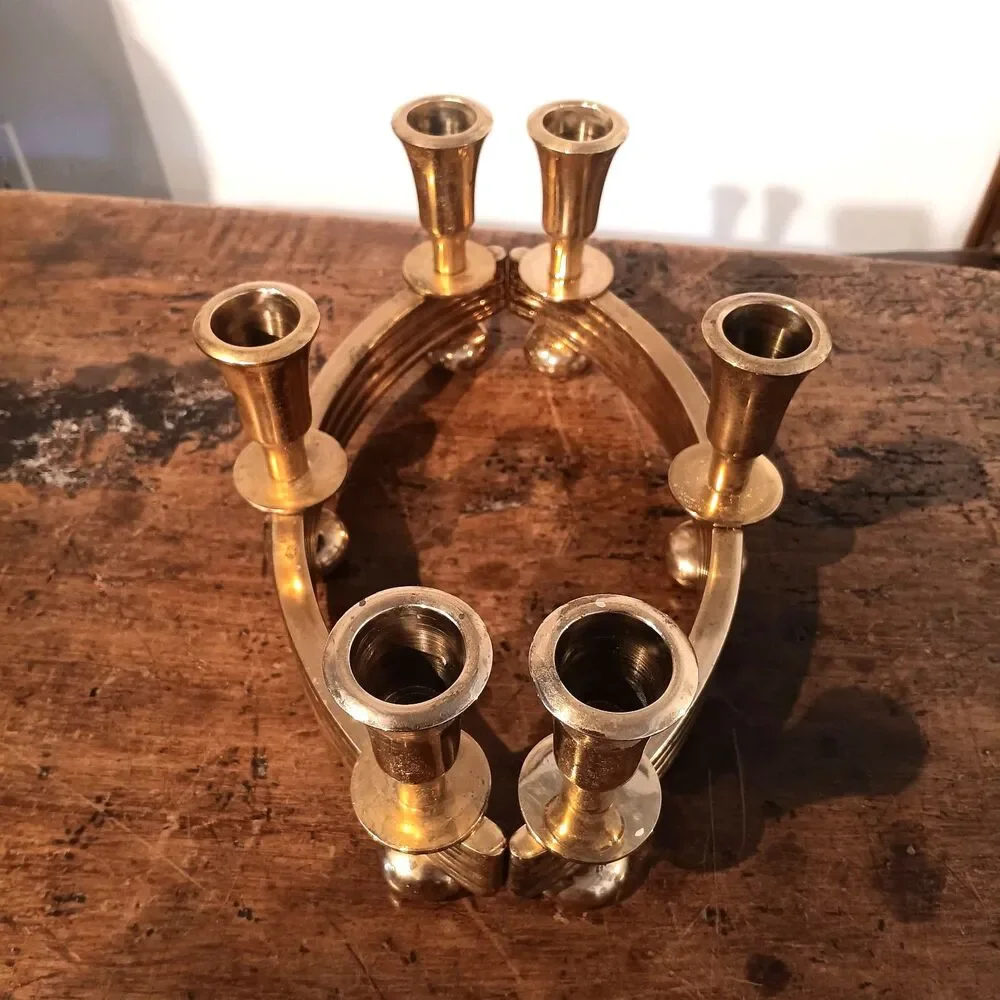 Pair of Vintage Dirilyte Model 915 Curved Brass Candelabras Art Deco MCM Gold